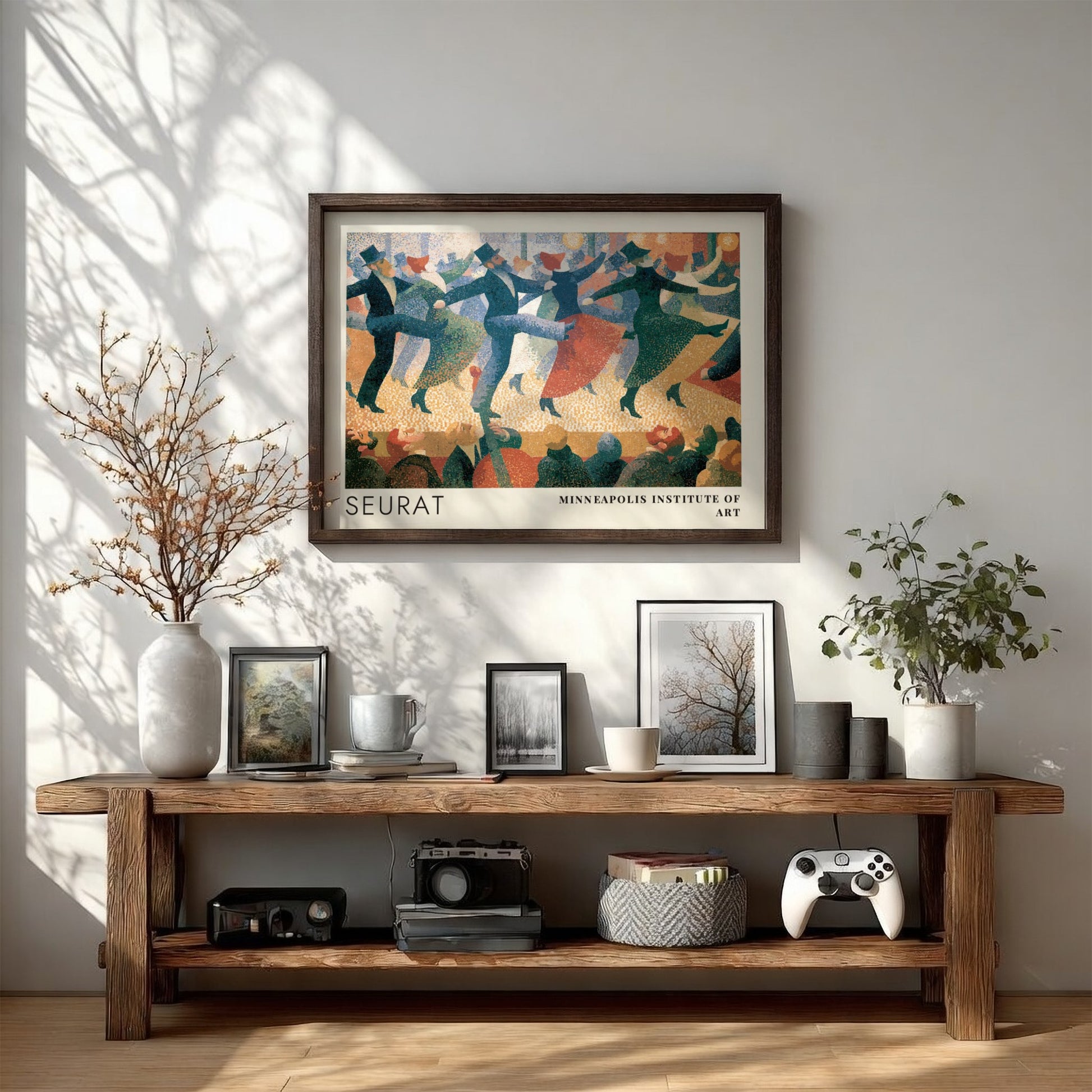 Wall art poster featuring Seurat pointillist dancers in blue and red tones framed