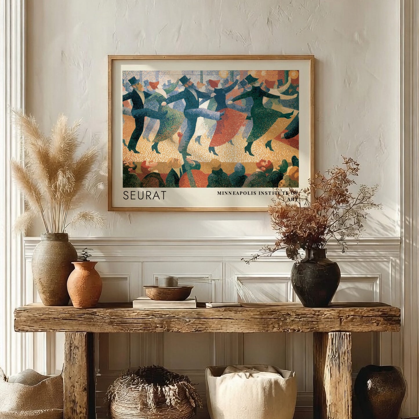 Wall art poster featuring Seurat pointillist dancers in blue and red tones framed