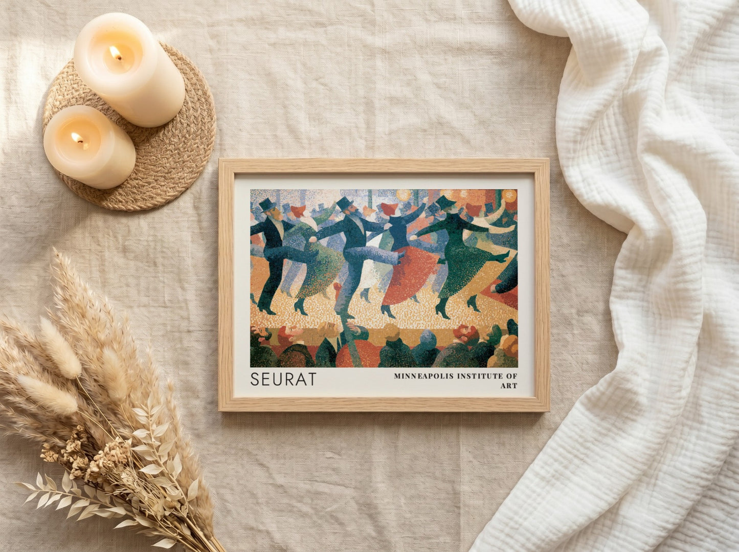 Wall art poster featuring Seurat pointillist dancers in blue and red tones framed