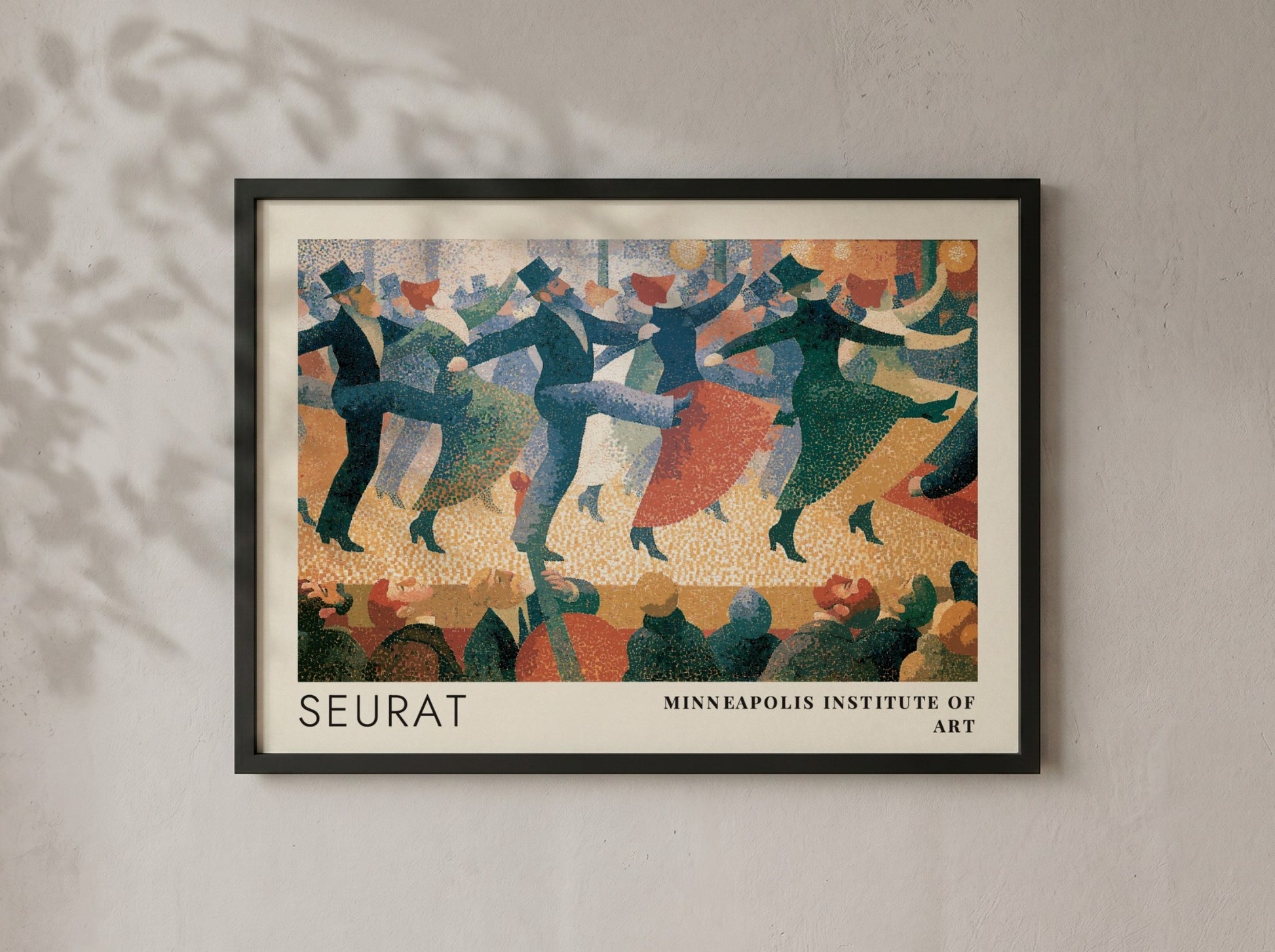 Wall art poster featuring Seurat pointillist dancers in blue and red tones framed