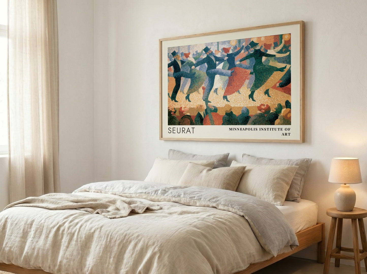 Wall art poster featuring Seurat pointillist dancers in blue and red tones framed