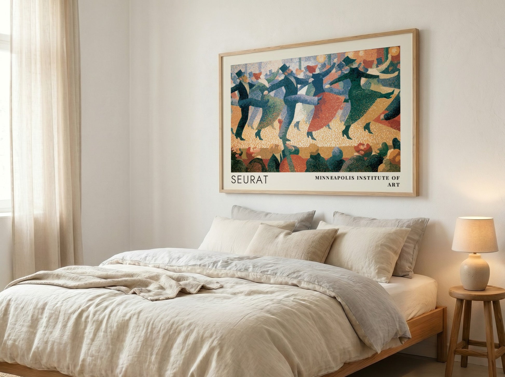 Wall art poster featuring Seurat pointillist dancers in blue and red tones framed