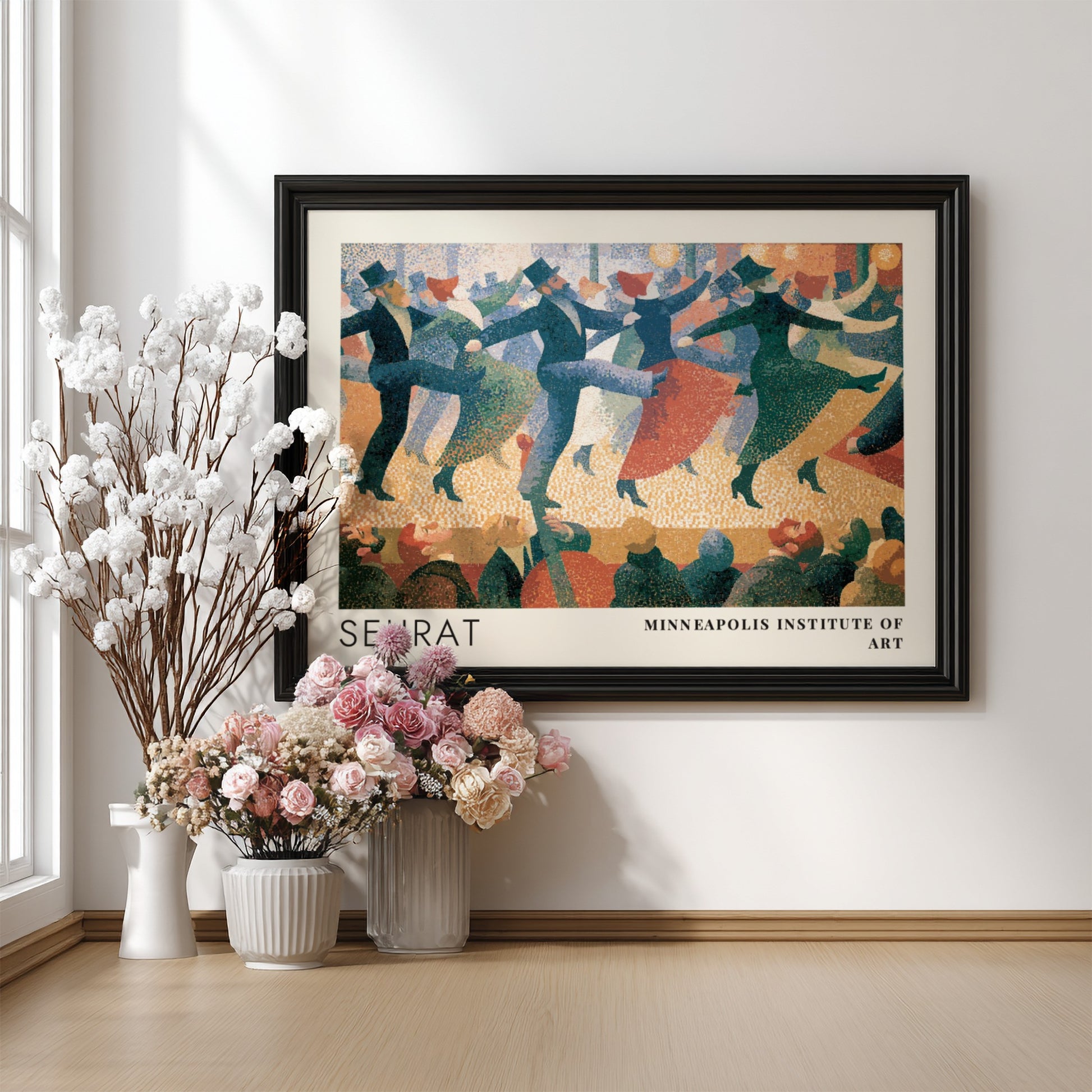 Wall art poster featuring Seurat pointillist dancers in blue and red tones framed