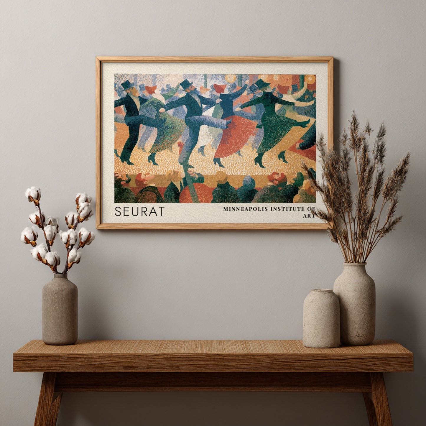 Wall art poster featuring Seurat pointillist dancers in blue and red tones framed