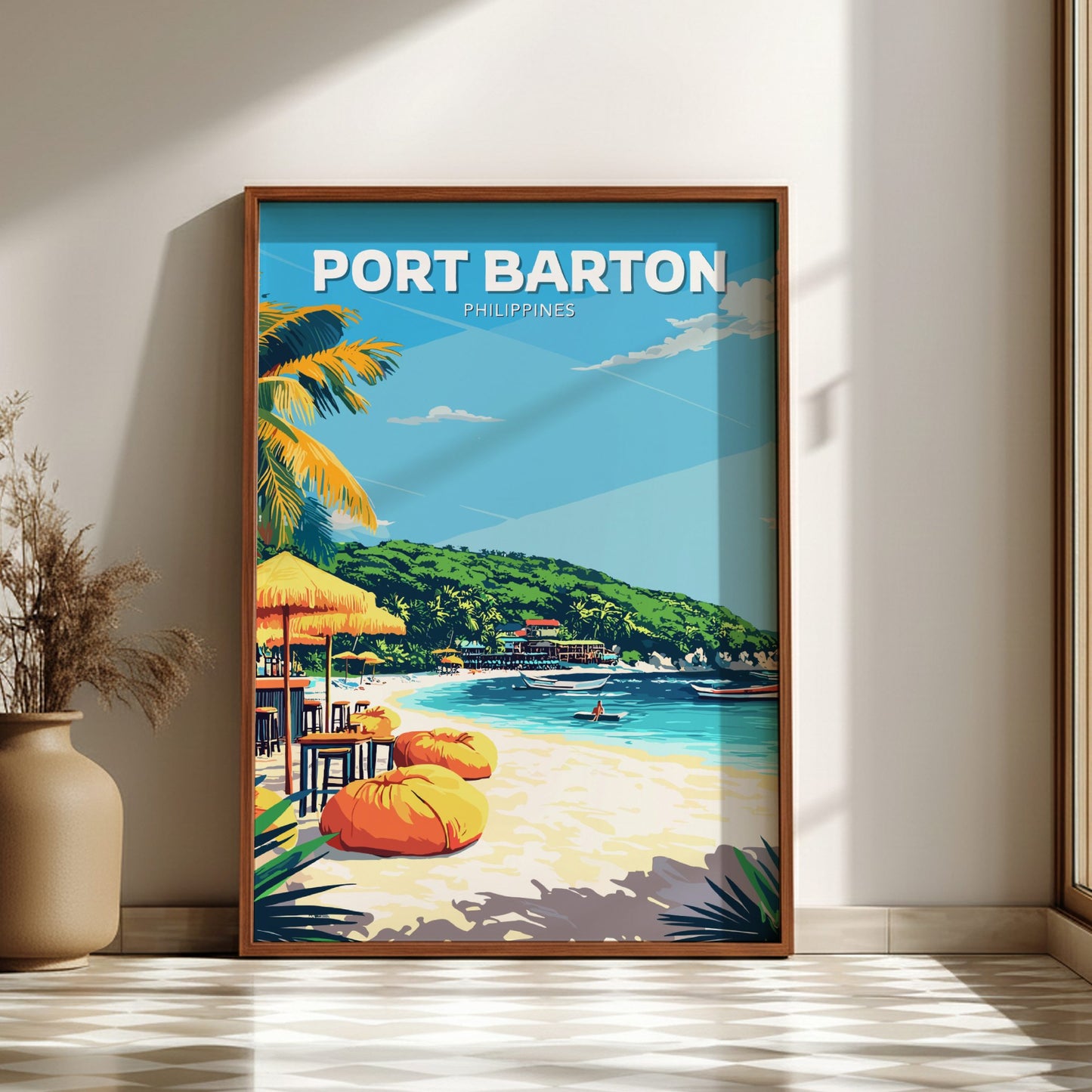 Framed artwork of Port Barton, Philippines with a beach scene.