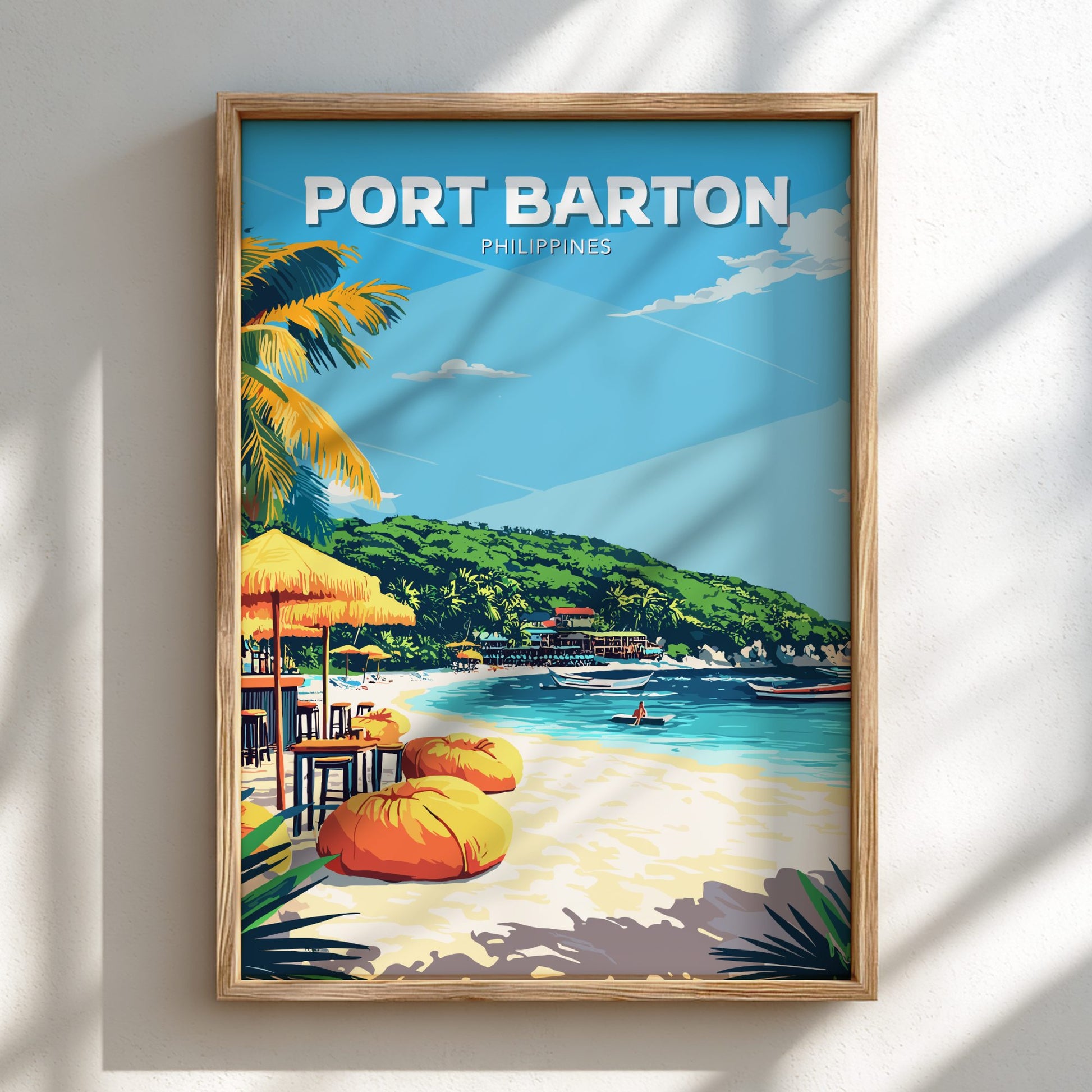 Framed artwork of Port Barton, Philippines with a beach scene.