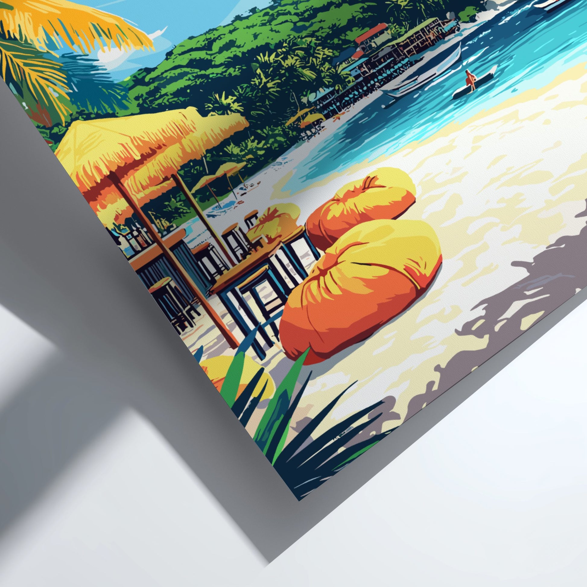 Colorful beach scene with lounge chairs, umbrellas, and a boat on a white background