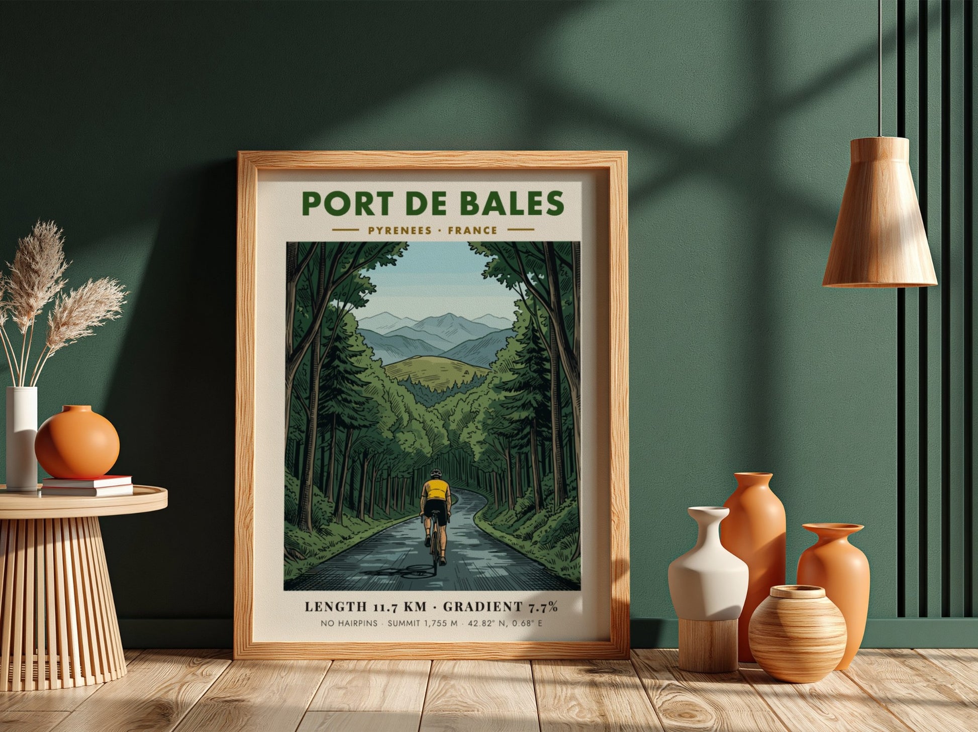 Poster of a cyclist climbing a winding road through a French Pyrenees forest