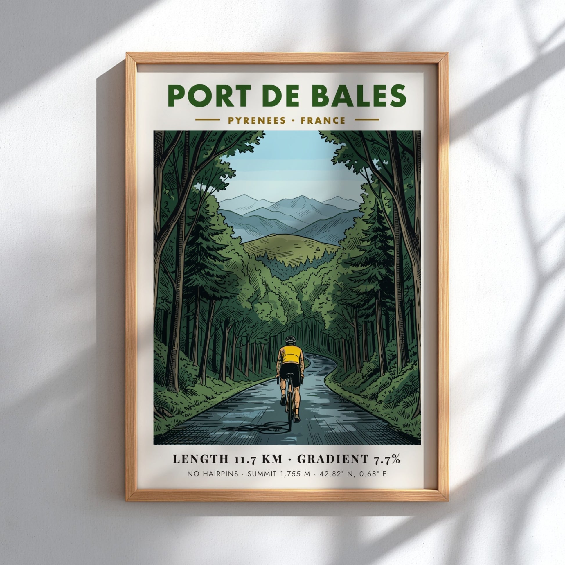 Poster of a cyclist climbing a winding road through a French Pyrenees forest