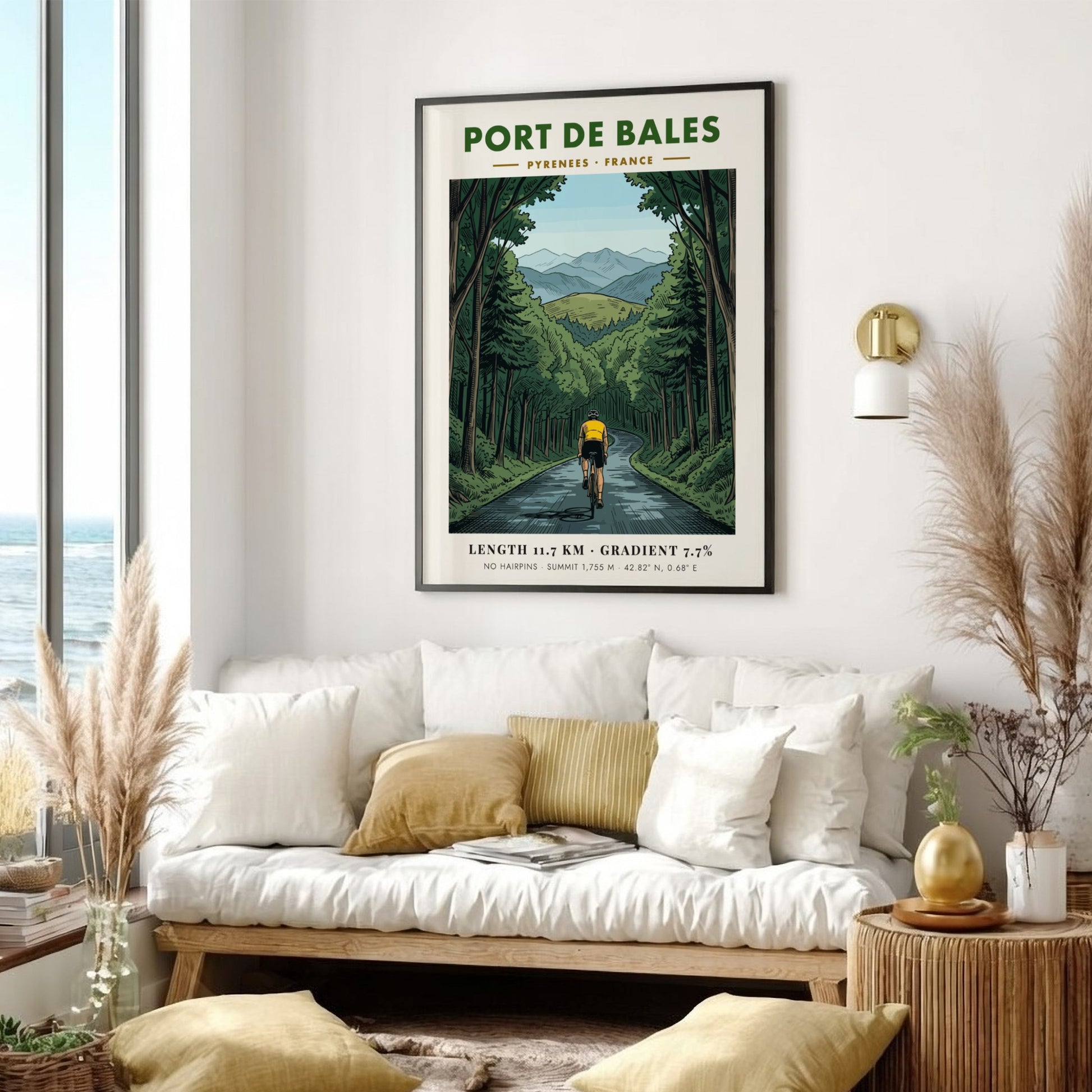 Poster of a cyclist climbing a winding road through a French Pyrenees forest