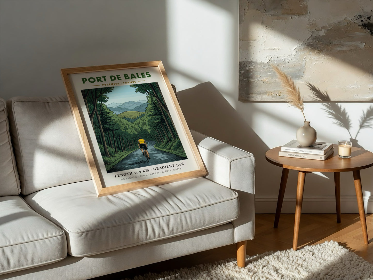 Poster of a cyclist climbing a winding road through a French Pyrenees forest