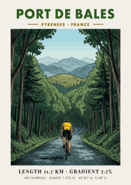 Poster of a cyclist climbing a winding road through a French Pyrenees forest