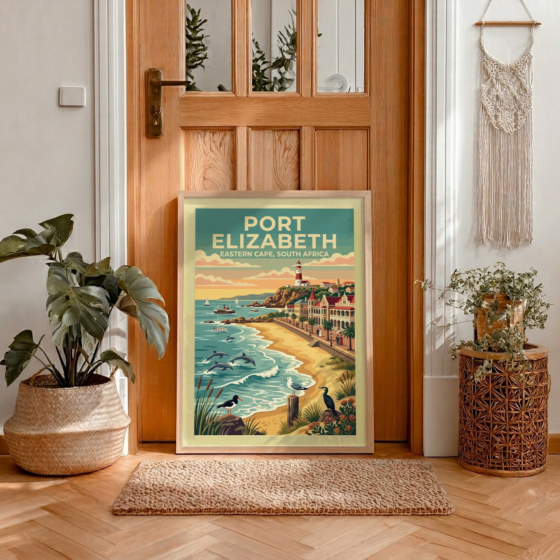 Travel poster of Port Elizabeth South Africa featuring a lighthouse beach and dolphins