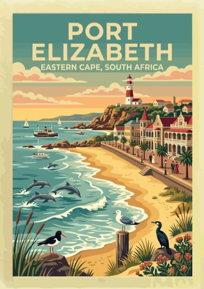 Travel poster of Port Elizabeth South Africa featuring a lighthouse beach and dolphins