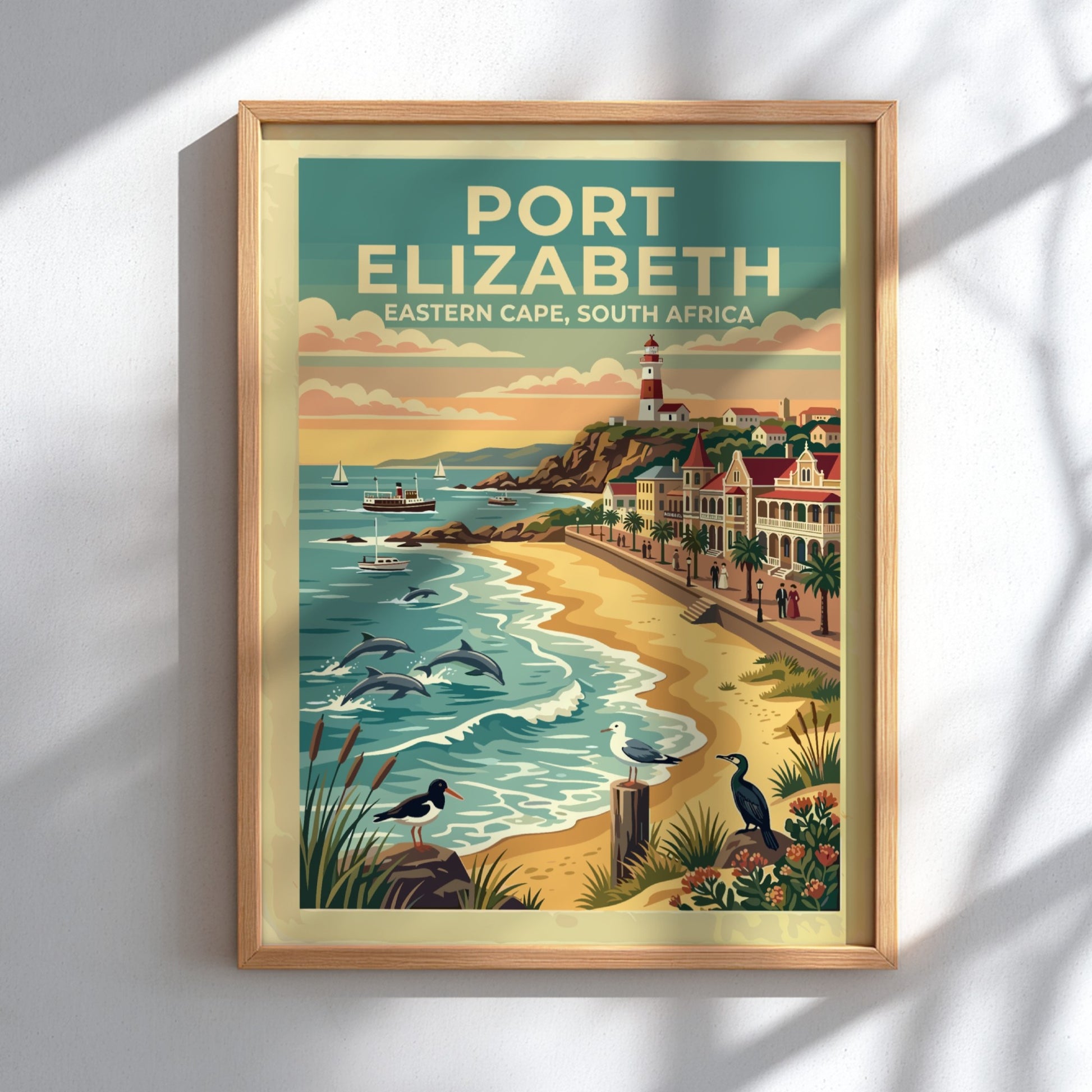 Travel poster of Port Elizabeth South Africa featuring a lighthouse beach and dolphins