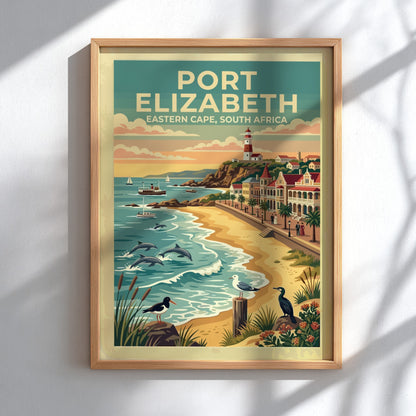 Travel poster of Port Elizabeth South Africa featuring a lighthouse beach and dolphins