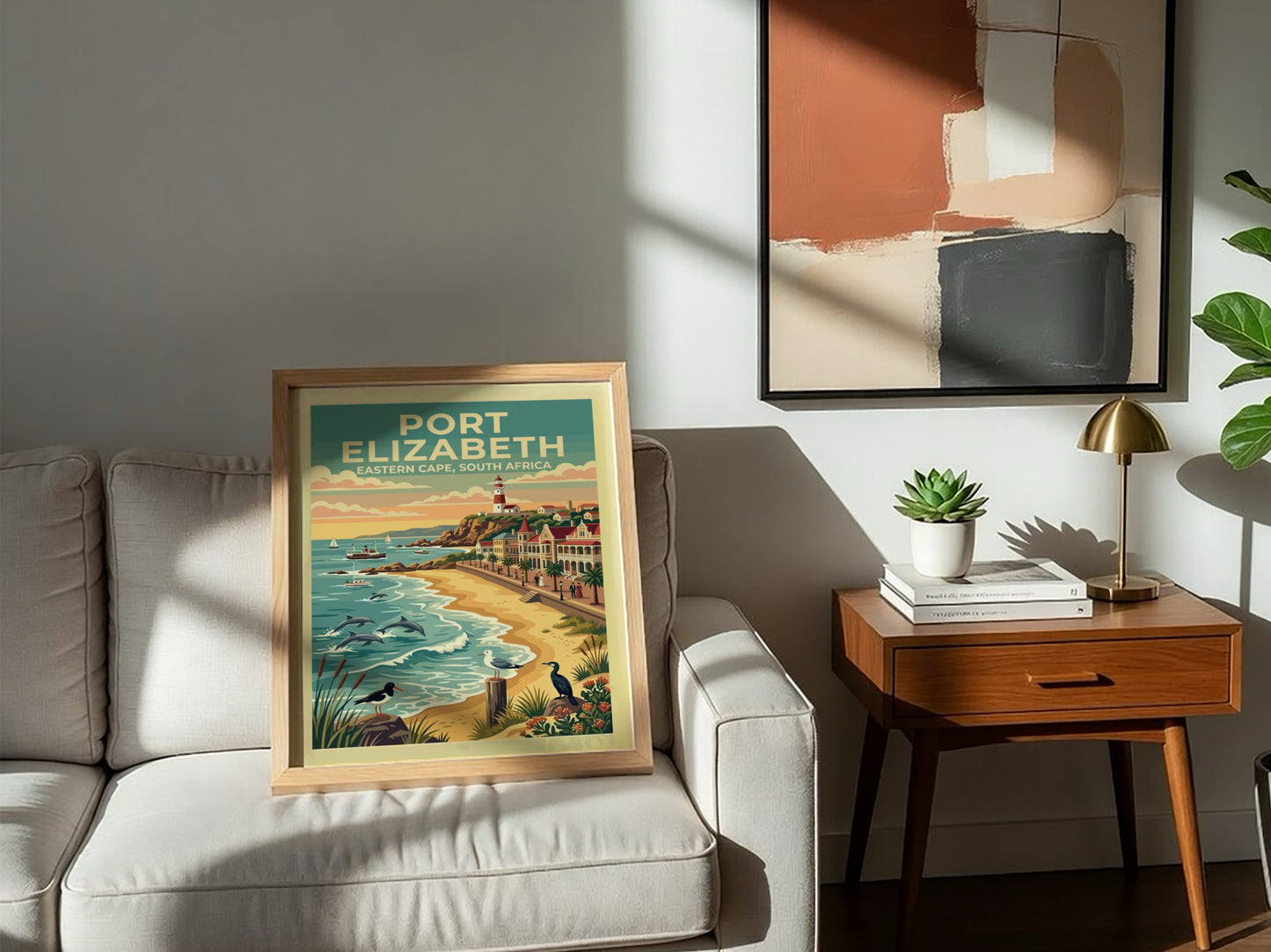 Travel poster of Port Elizabeth South Africa featuring a lighthouse beach and dolphins