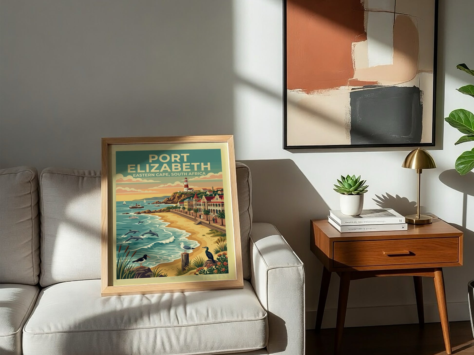 Travel poster of Port Elizabeth South Africa featuring a lighthouse beach and dolphins