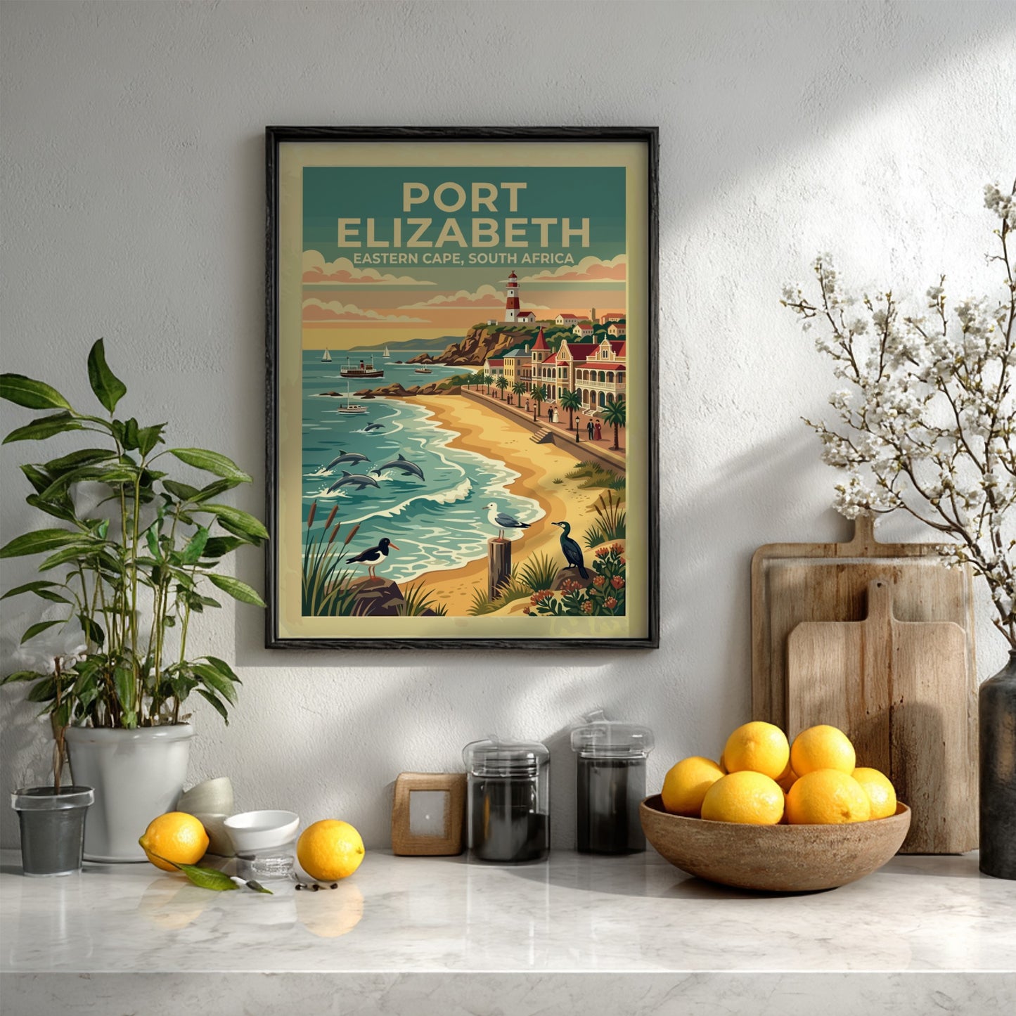 Travel poster of Port Elizabeth South Africa featuring a lighthouse beach and dolphins