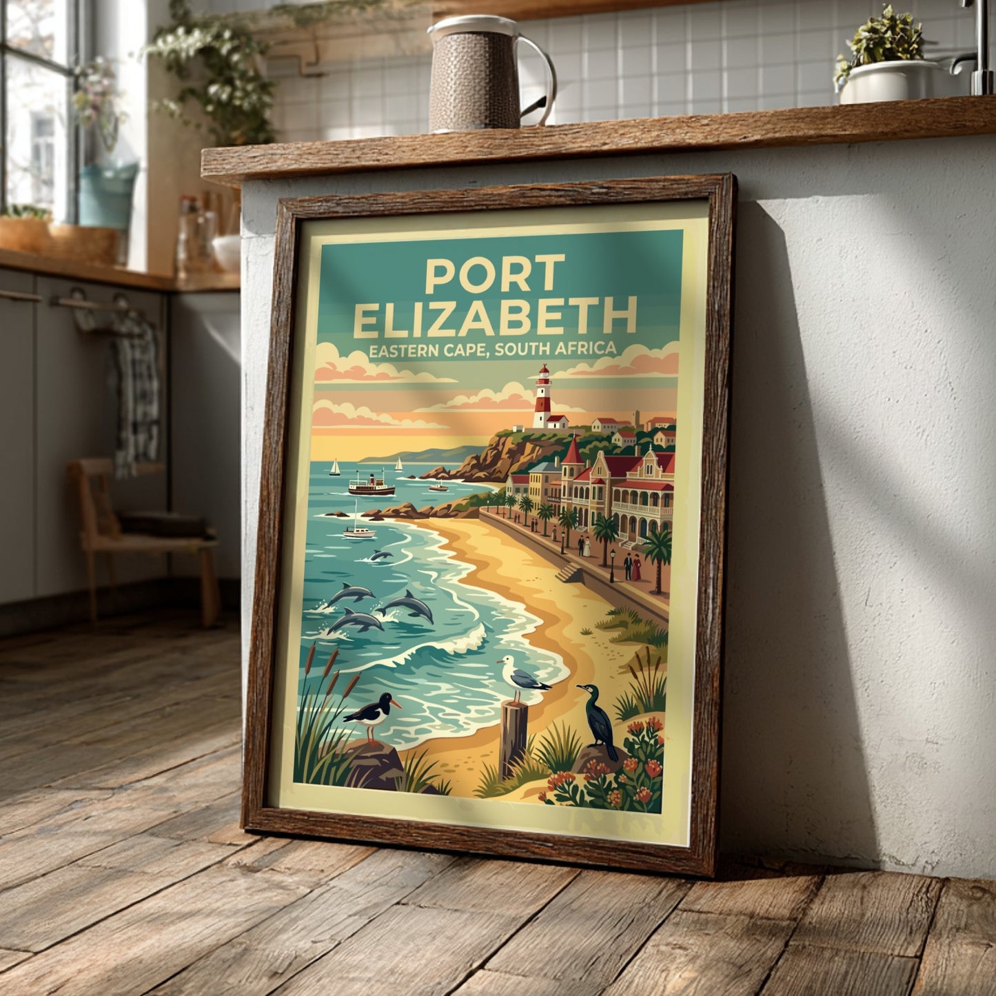 Travel poster of Port Elizabeth South Africa featuring a lighthouse beach and dolphins