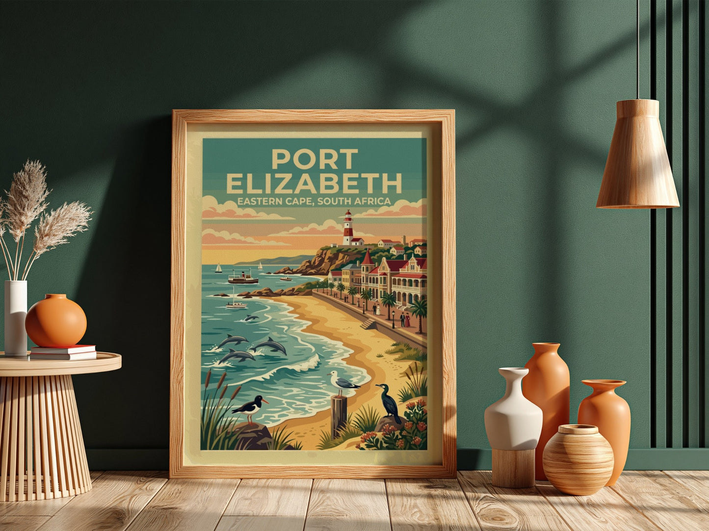 Travel poster of Port Elizabeth South Africa featuring a lighthouse beach and dolphins