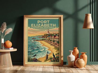 Travel poster of Port Elizabeth South Africa featuring a lighthouse beach and dolphins