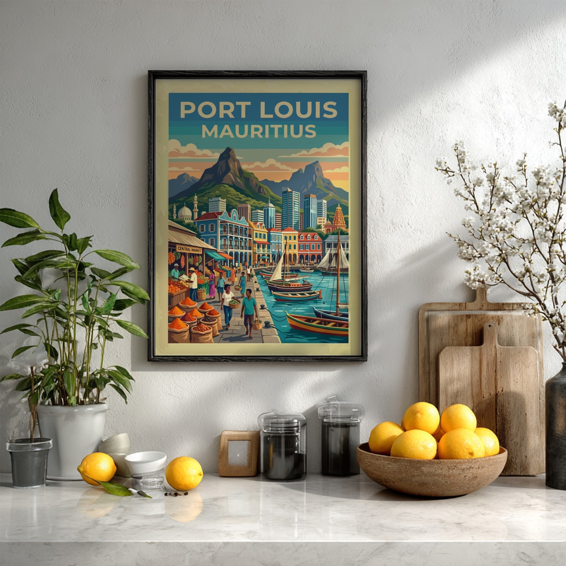 Travel poster of Port Louis Mauritius featuring a bustling market and mountain backdrop.