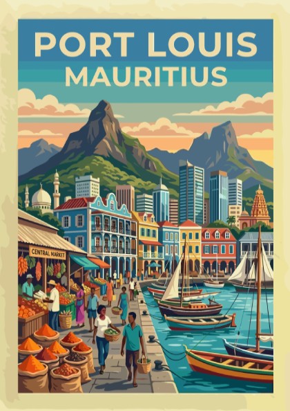Travel poster of Port Louis Mauritius featuring a bustling market and mountain backdrop.