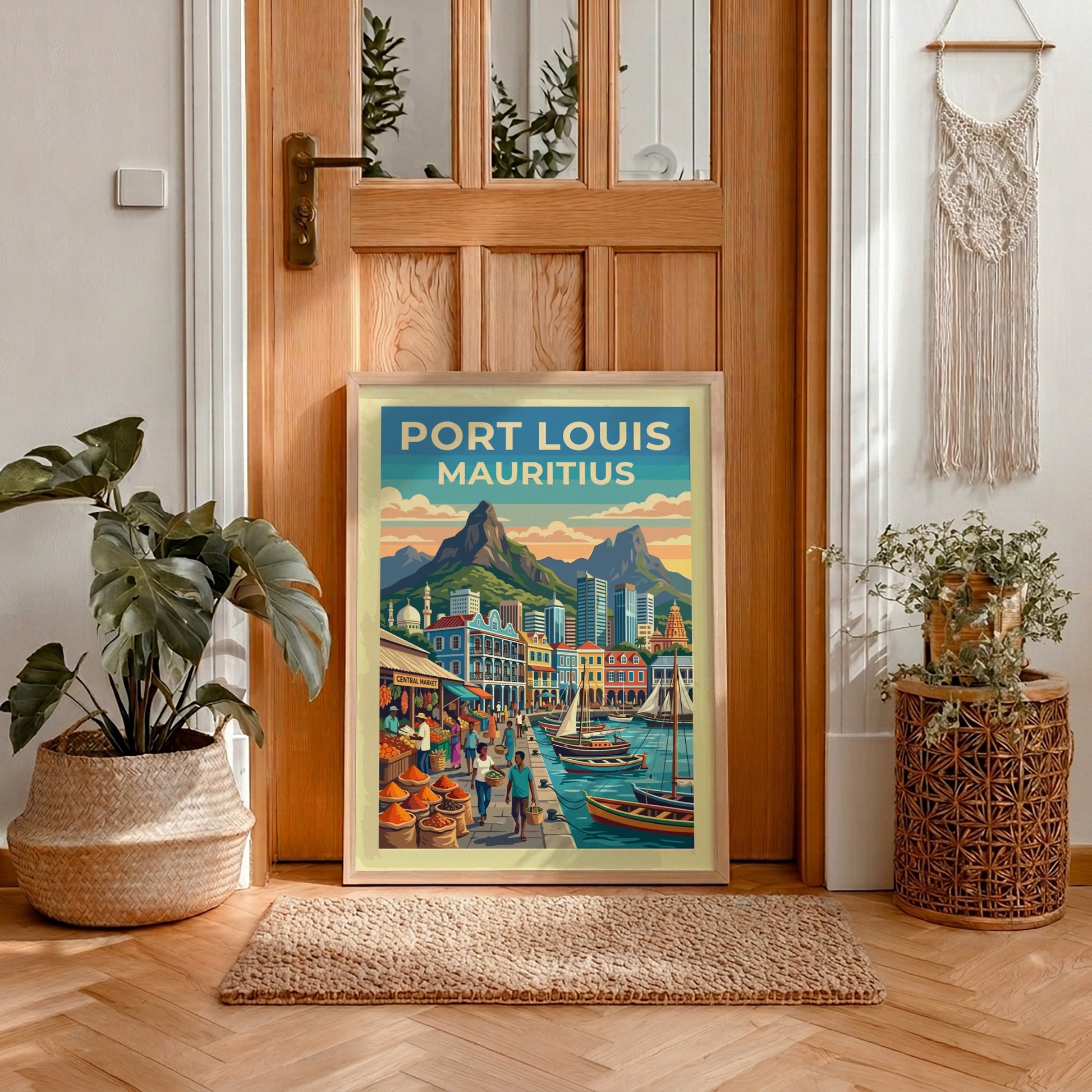 Travel poster of Port Louis Mauritius featuring a bustling market and mountain backdrop.