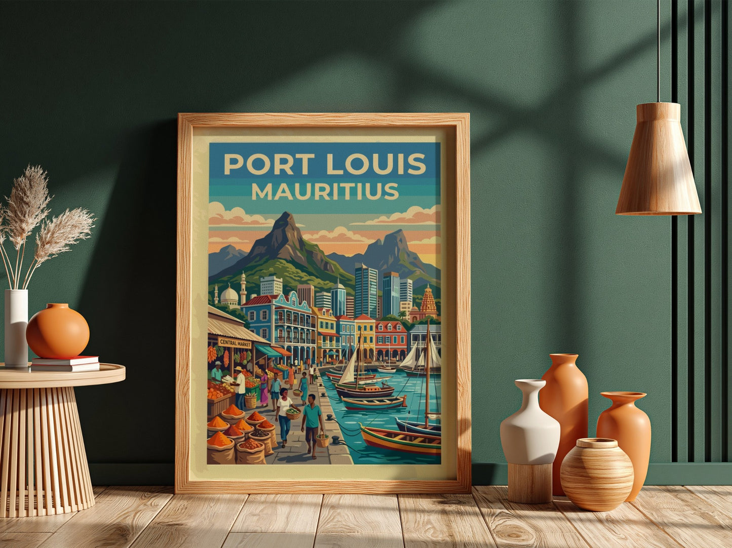 Travel poster of Port Louis Mauritius featuring a bustling market and mountain backdrop.
