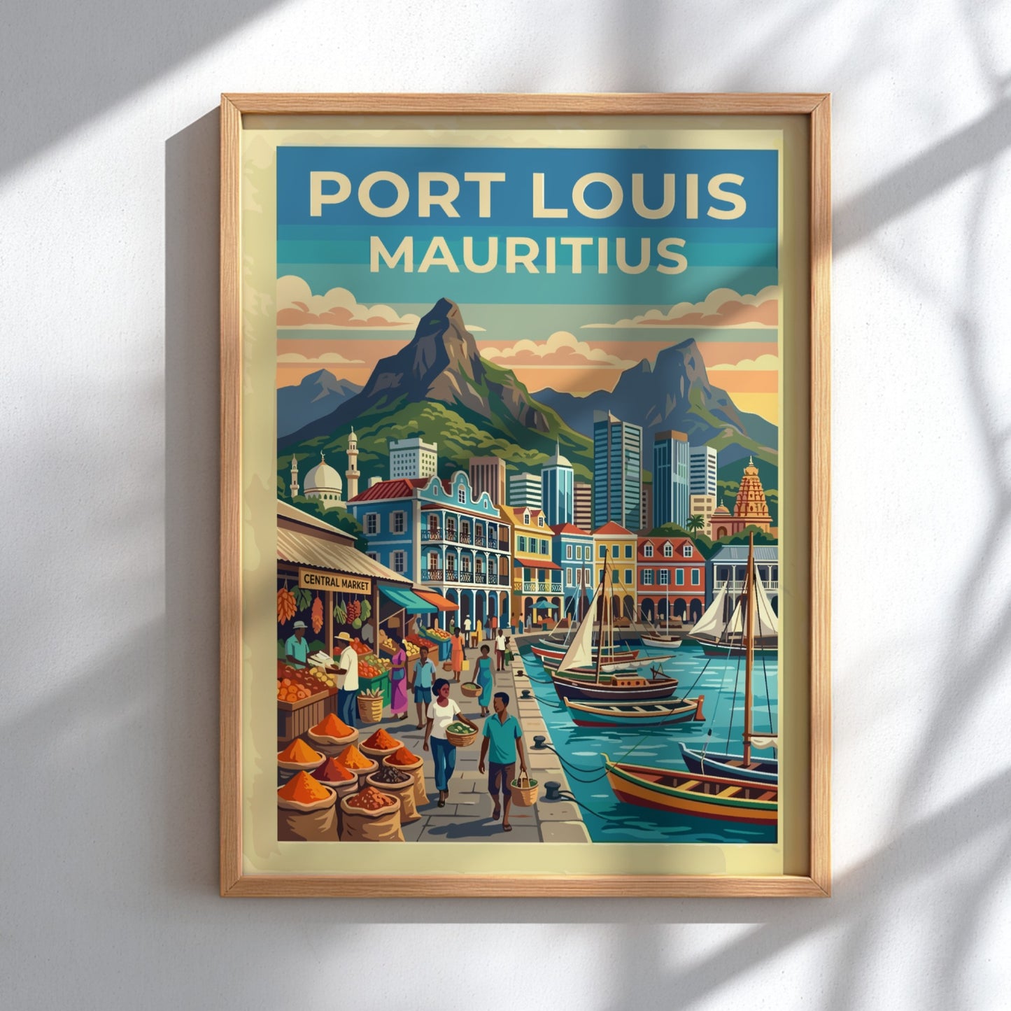 Travel poster of Port Louis Mauritius featuring a bustling market and mountain backdrop.