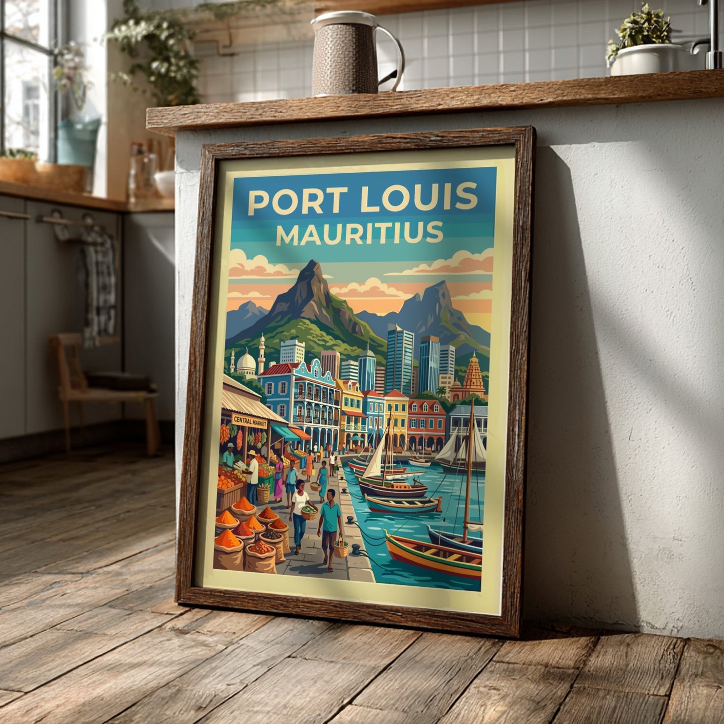 Travel poster of Port Louis Mauritius featuring a bustling market and mountain backdrop.