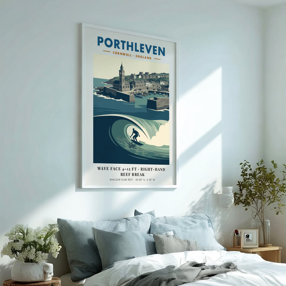 Poster featuring a surfer riding a wave in front of Porthleven harbour Cornwall
