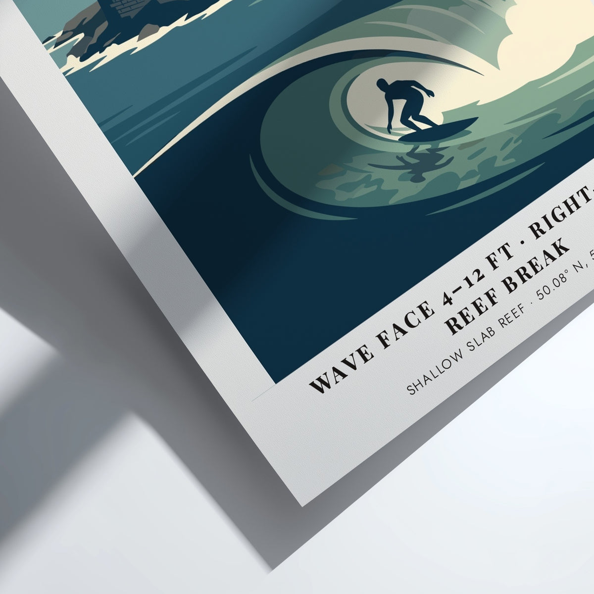 Poster featuring a surfer riding a wave in front of Porthleven harbour Cornwall