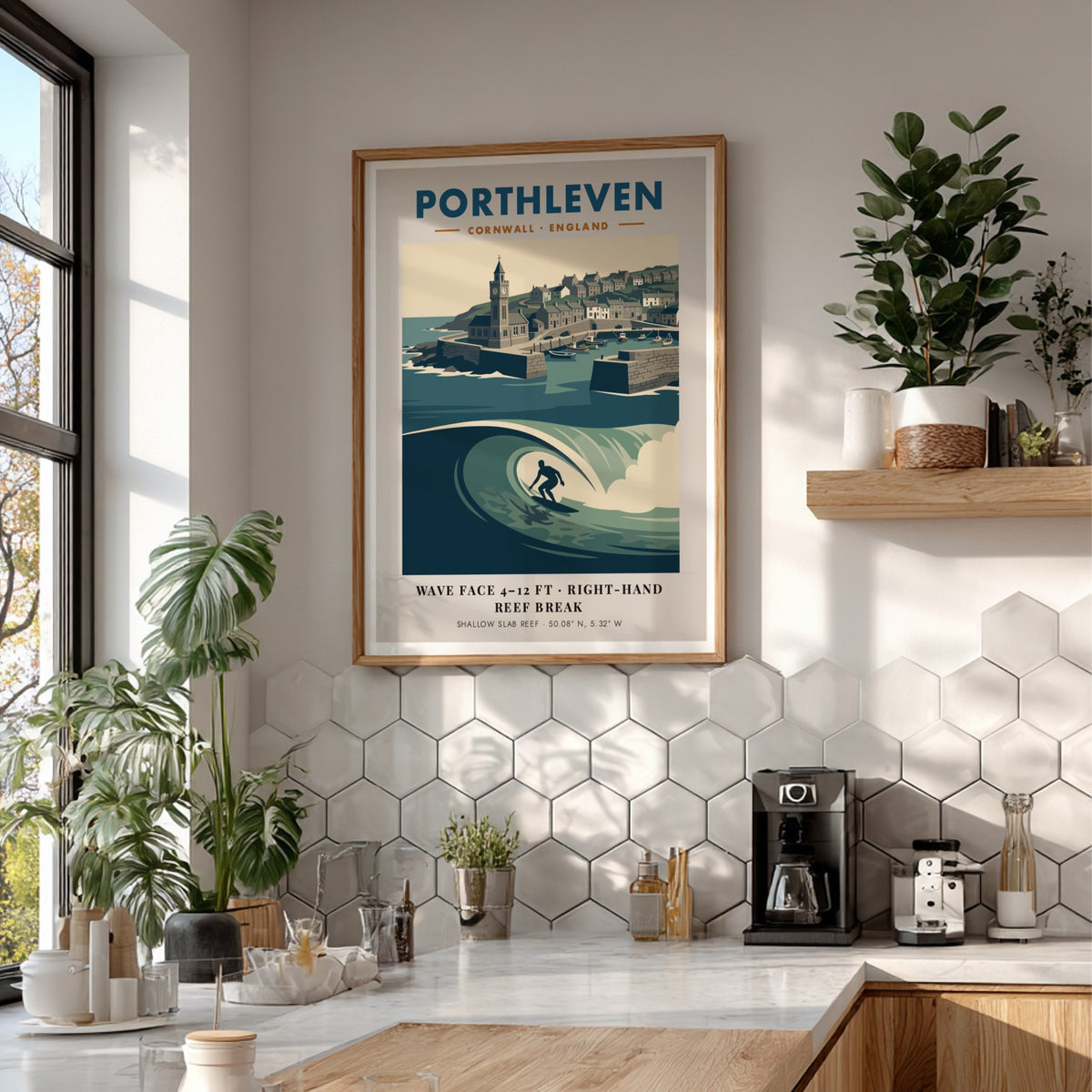 Poster featuring a surfer riding a wave in front of Porthleven harbour Cornwall