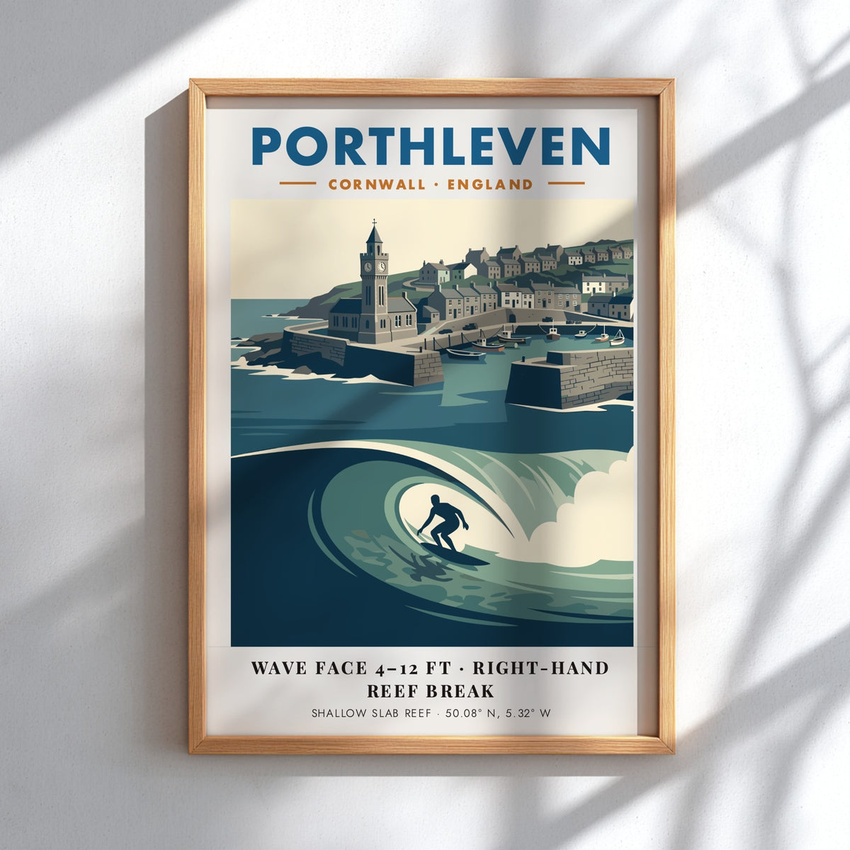 Poster featuring a surfer riding a wave in front of Porthleven harbour Cornwall