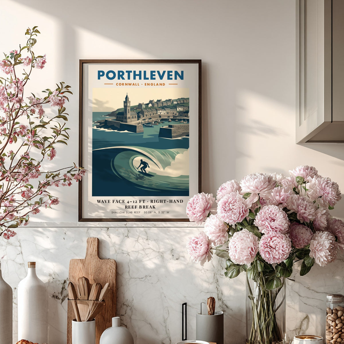 Poster featuring a surfer riding a wave in front of Porthleven harbour Cornwall