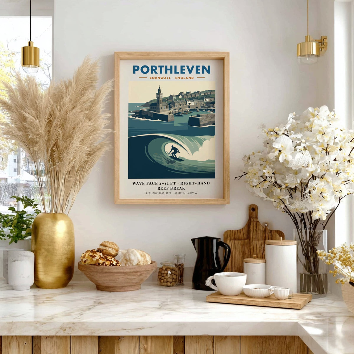 Poster featuring a surfer riding a wave in front of Porthleven harbour Cornwall
