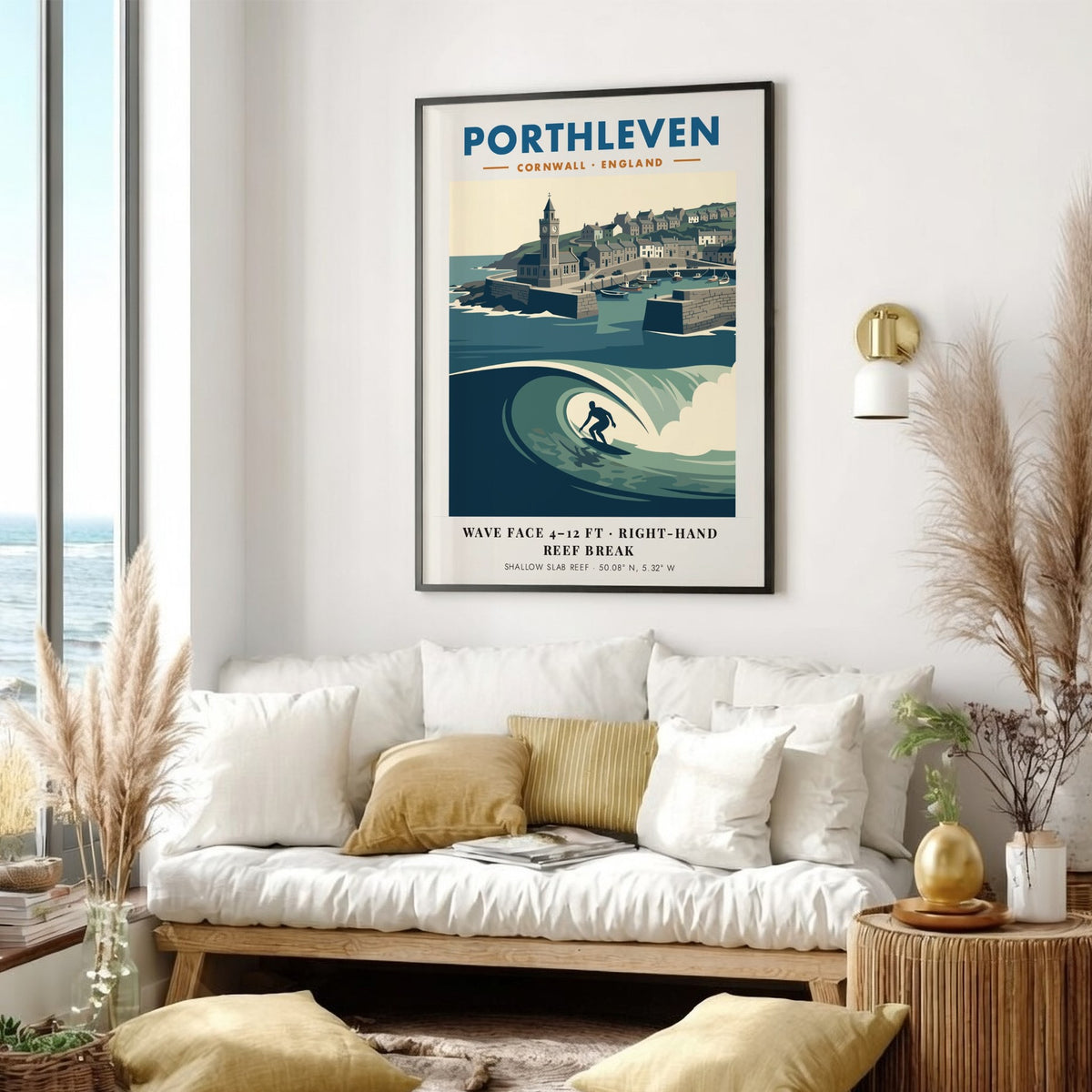 Poster featuring a surfer riding a wave in front of Porthleven harbour Cornwall
