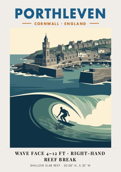 Poster featuring a surfer riding a wave in front of Porthleven harbour Cornwall