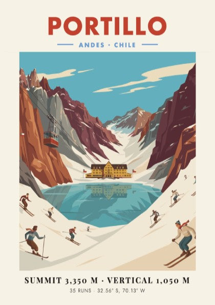 Portillo ski resort poster featuring vintage artwork of mountains and skiers in warm colors