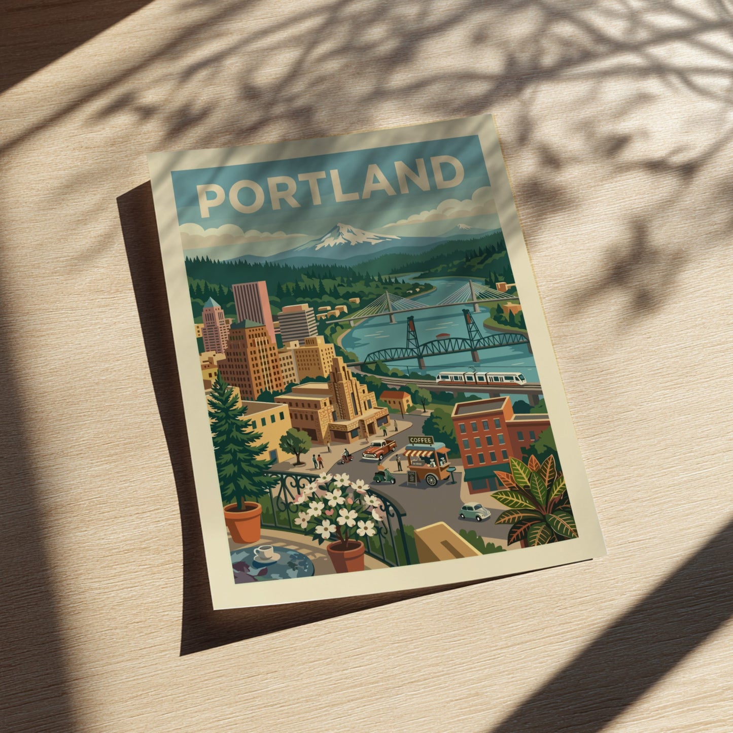 Stylized Portland cityscape art print with bridges, river, and Mount Hood in a retro color palette.