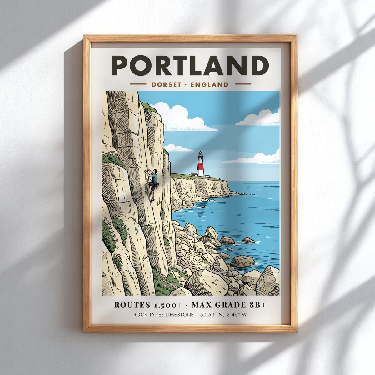 Poster of a climber scaling a white limestone cliff near a Dorset lighthouse.