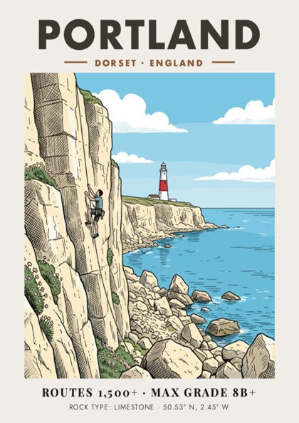 Poster of a climber scaling a white limestone cliff near a Dorset lighthouse.