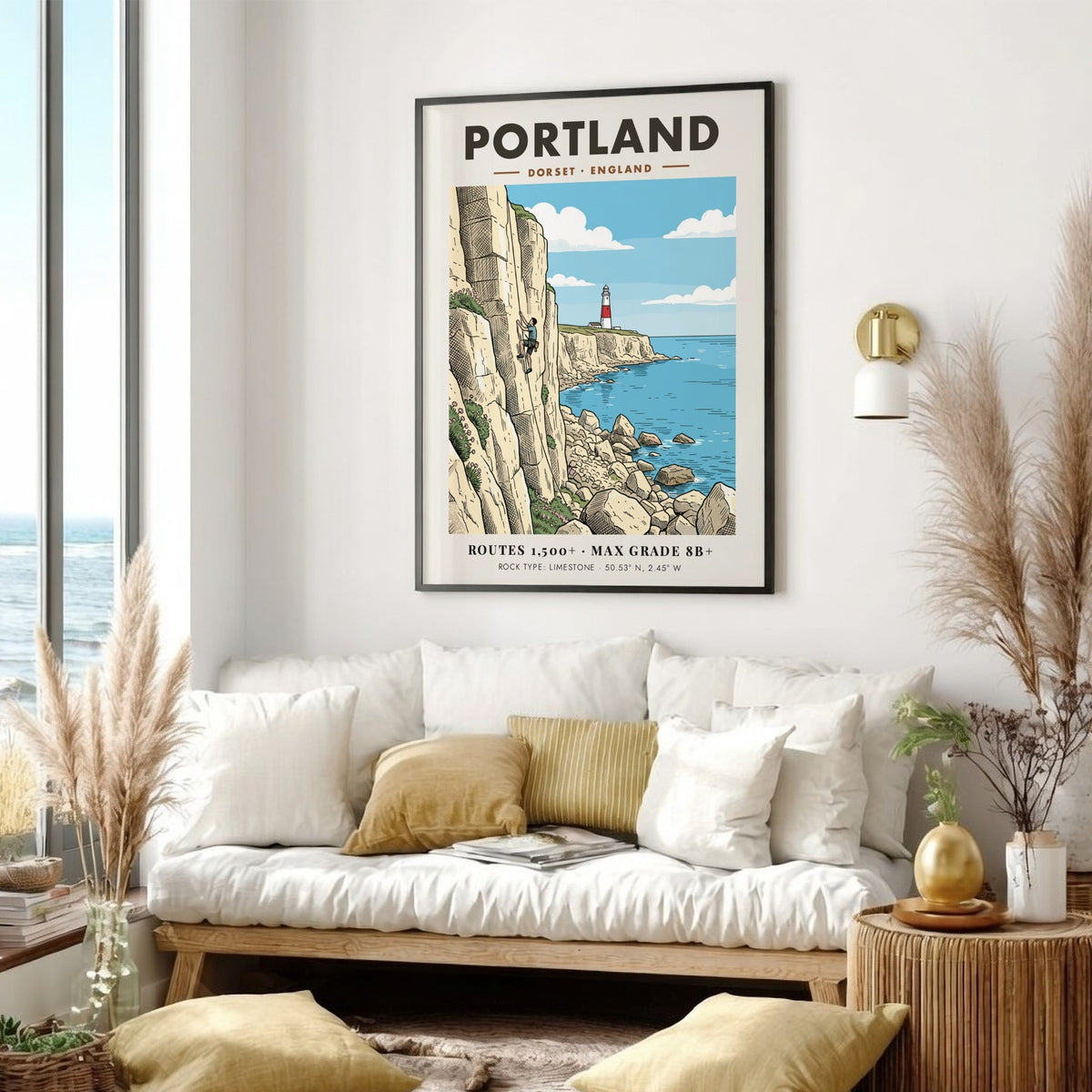 Poster of a climber scaling a white limestone cliff near a Dorset lighthouse.