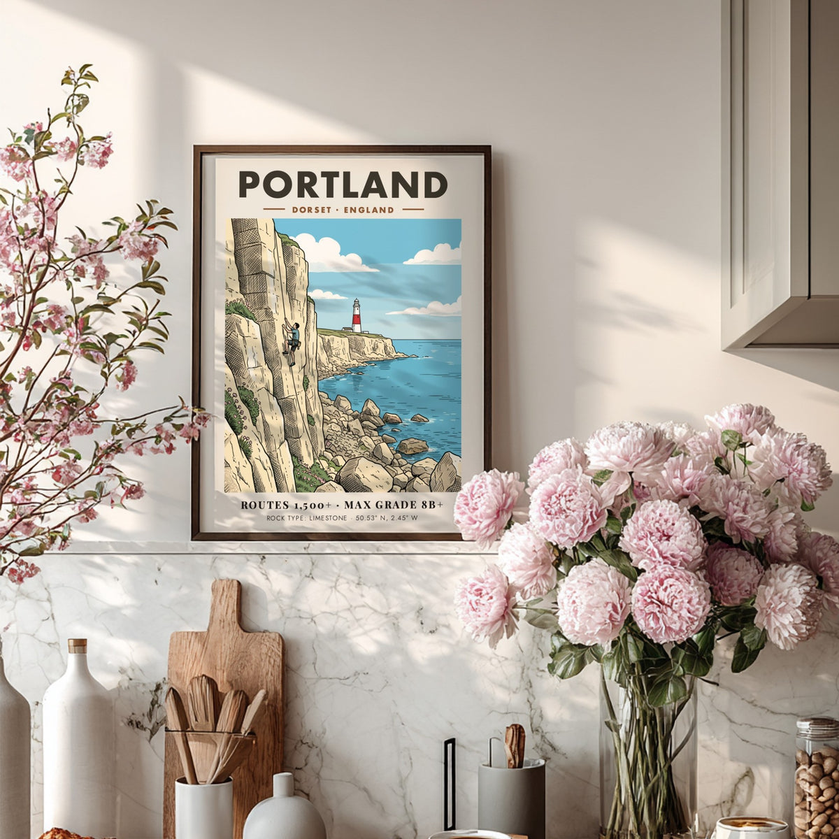 Poster of a climber scaling a white limestone cliff near a Dorset lighthouse.