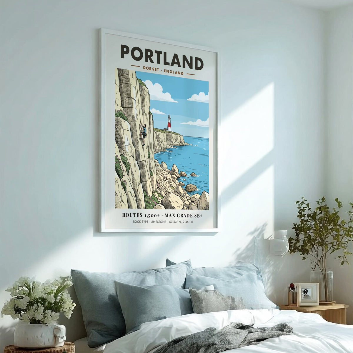 Poster of a climber scaling a white limestone cliff near a Dorset lighthouse.