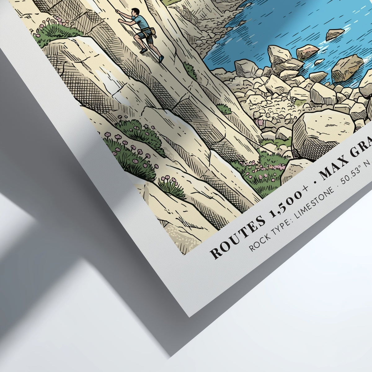 Poster of a climber scaling a white limestone cliff near a Dorset lighthouse.