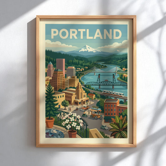 Stylized Portland cityscape art print with bridges, river, and Mount Hood in a retro color palette.