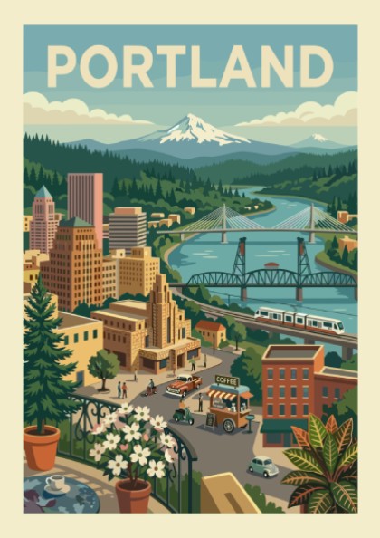 Stylized Portland cityscape art print with bridges, river, and Mount Hood in a retro color palette.